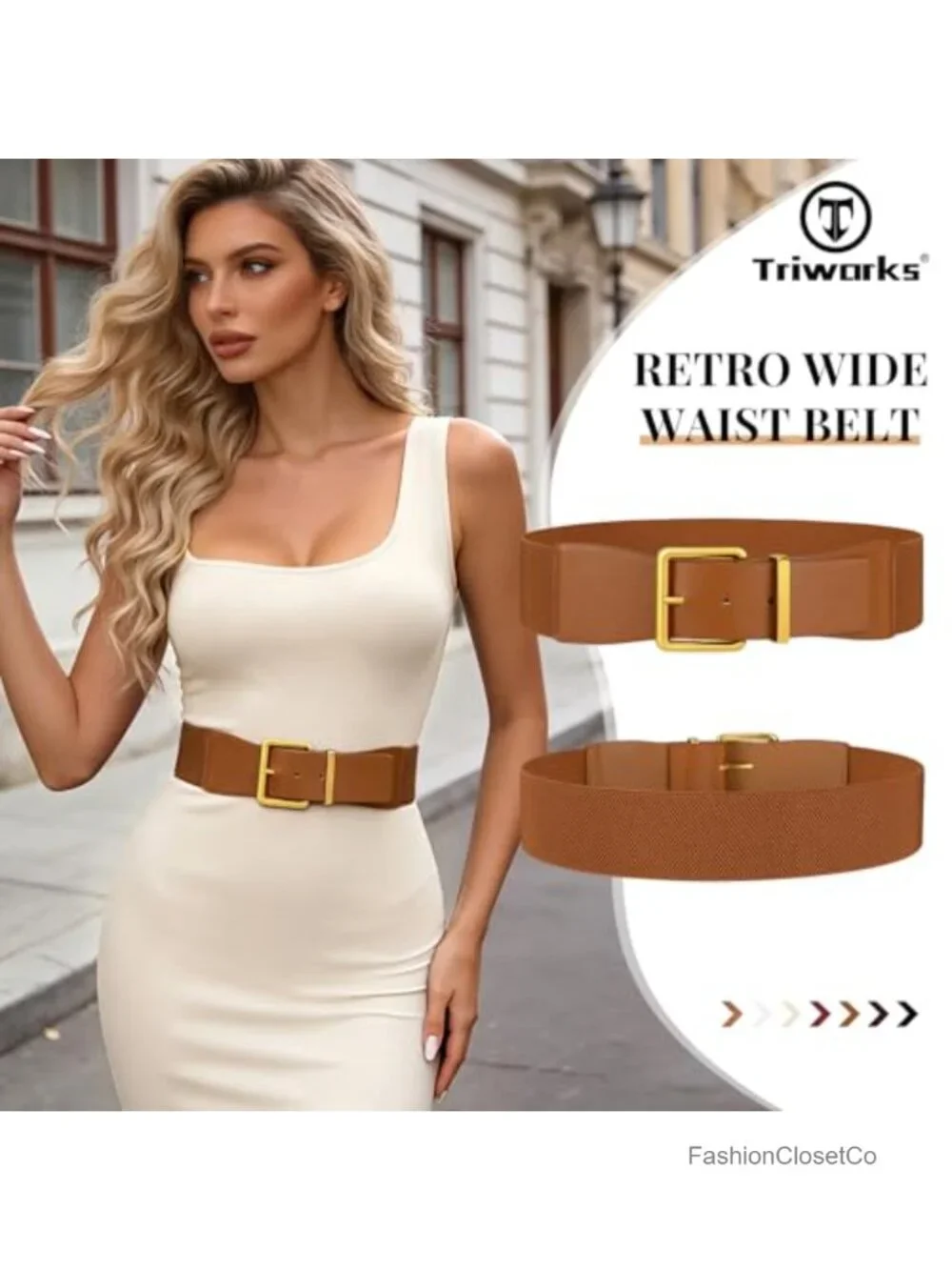 Wide Elastic Stretch Belt PU Leather Antique Gold Square Buckle Dresses Waist